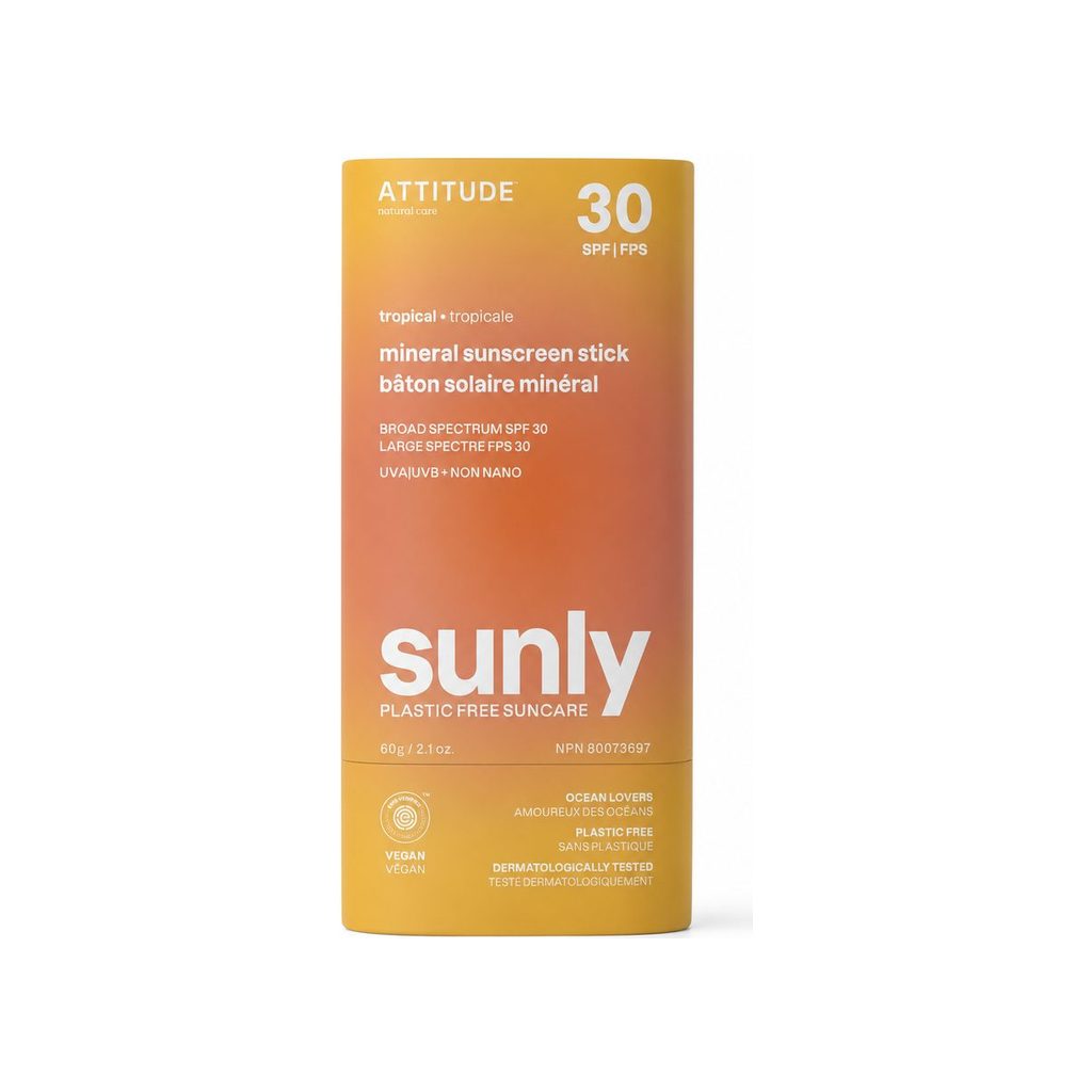 Attitude Mineral Sunscreen Stick SPF 30 Tropical front packaging in plastic-free paper tube