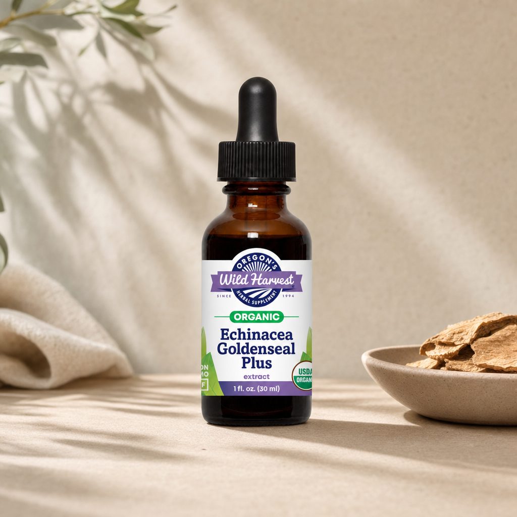 Oregon's Wild Harvest Echinacea Goldenseal Plus side bottle label with organic extract details