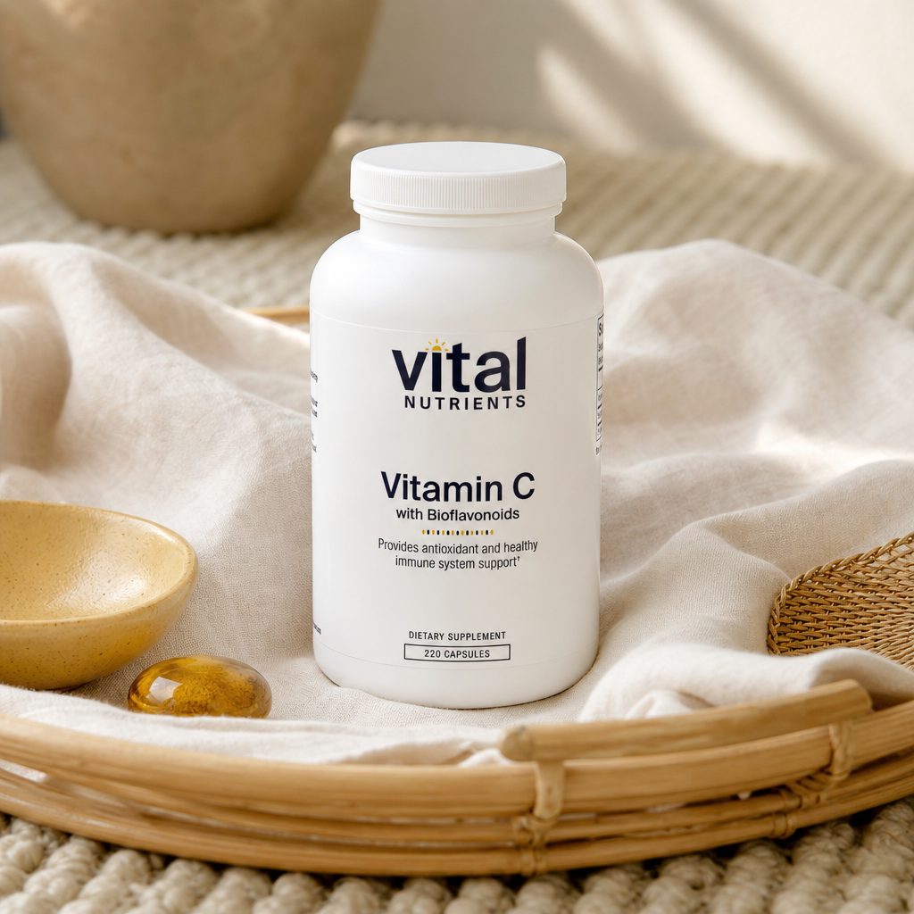 Vital Nutrients Vitamin C with Bioflavonoids bottle angled with 220 capsule count visible