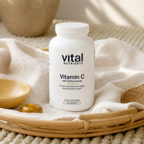 Vital Nutrients Vitamin C with Bioflavonoids bottle angled with 220 capsule count visible