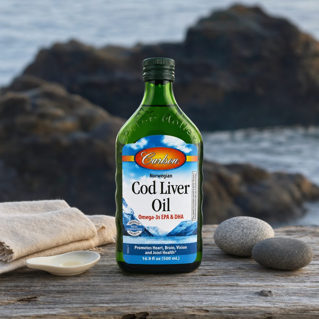 Carlson Norwegian Cod Liver Oil Unflavored bottle with spoon showing liquid serving