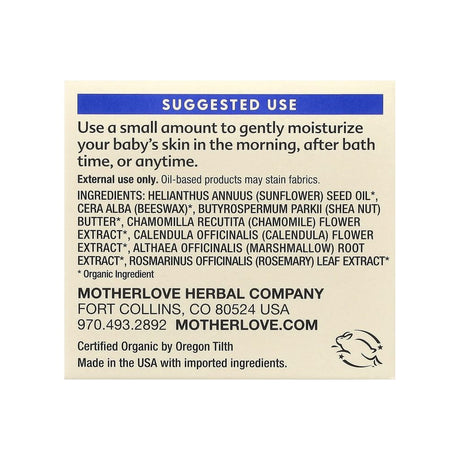 Motherlove Everyday Baby Balm ingredients panel listing directions, warnings, and organic ingredients