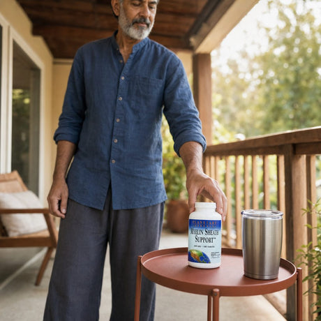 Planetary Herbals Myelin Sheath Support bottle with tablets in a wellness routine setting