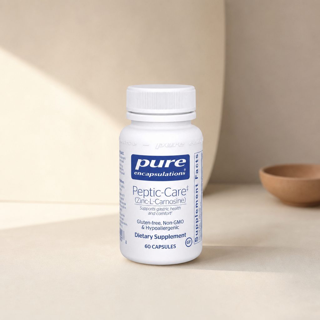 Pure Encapsulations Peptic-Care Zinc-L-Carnosine bottle with capsule count details visible
