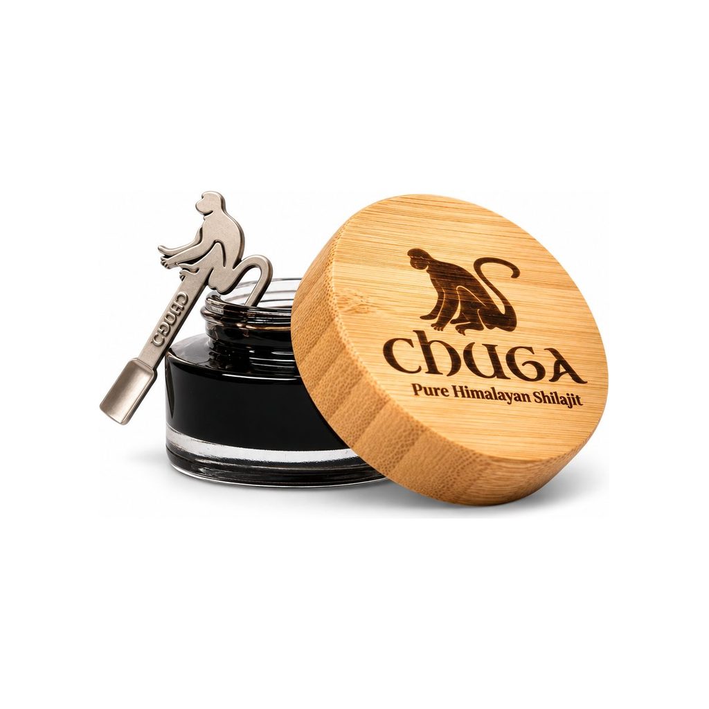 Chuga Pure Himalayan Shilajit Resin 20 g glass jar with bamboo lid and monkey-shaped metal spoon
