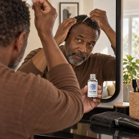 InfiniWell PTD-DBM scalp serum bottle held by a man at a mirror applying it to his scalp with the dropper