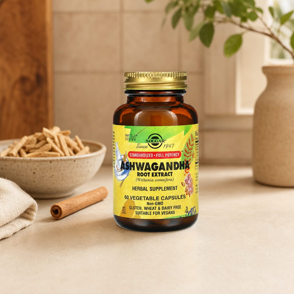 Solgar Ashwagandha Root Extract bottle showing Non-GMO and vegan label details