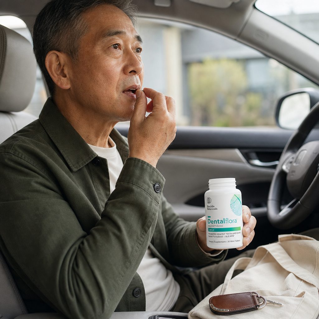 Biocidin Botanicals Dentalflora Tablets shown with daily dental care essentials