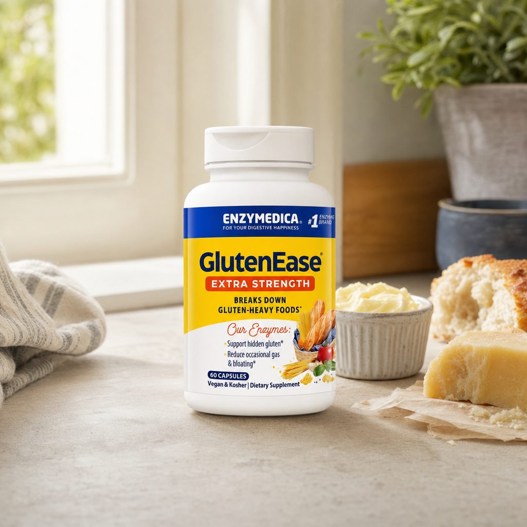 Enzymedica GlutenEase Extra Strength bottle showing vegan and kosher label details