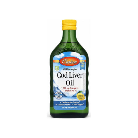 Carlson Norwegian Cod Liver Oil Lemon 16.9 fl oz front bottle with natural lemon flavor label
