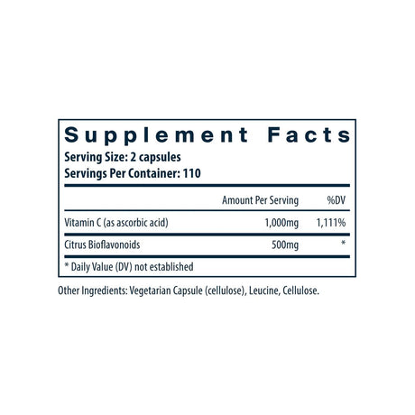 Vital Nutrients Vitamin C with Bioflavonoids supplement facts panel listing dosage and serving size