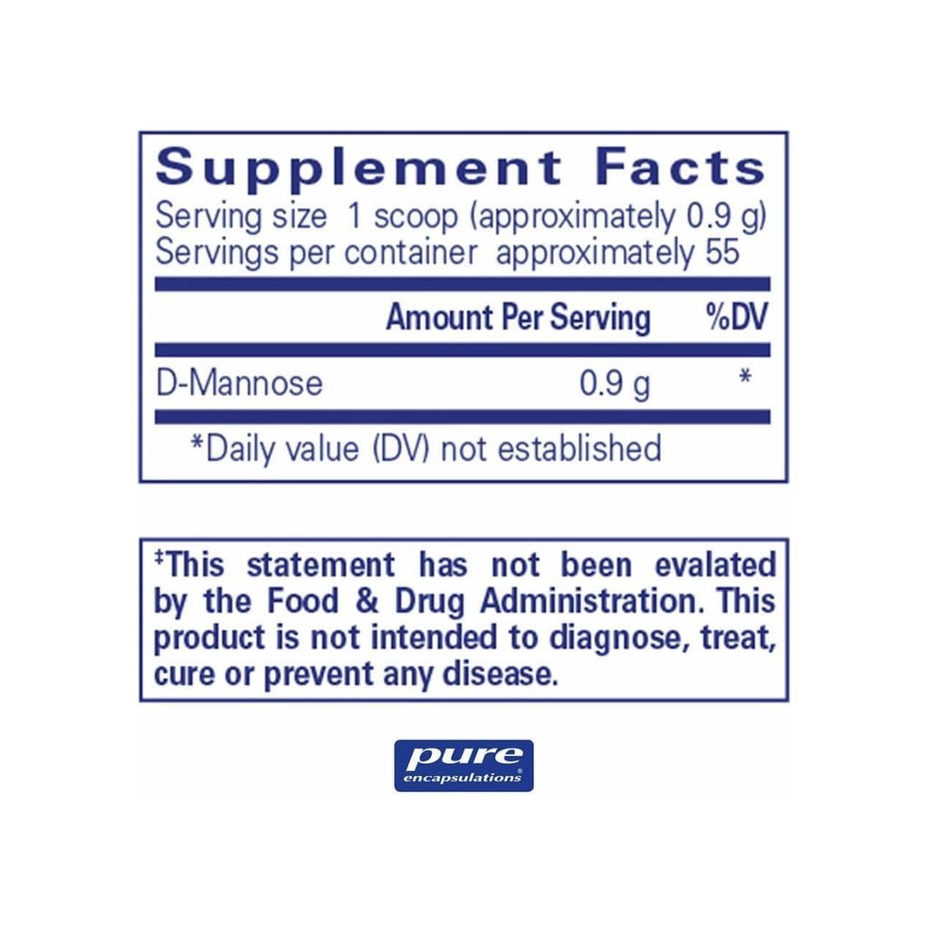 Pure Encapsulations D-Mannose Powder 50g supplement facts panel listing ingredients and serving size