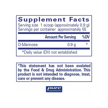 Pure Encapsulations D-Mannose Powder 50g supplement facts panel listing ingredients and serving size
