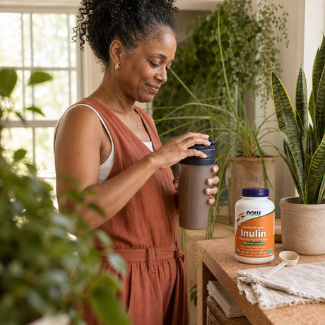 NOW Foods Inulin Prebiotic Pure Powder 8 oz side label with product details and certifications