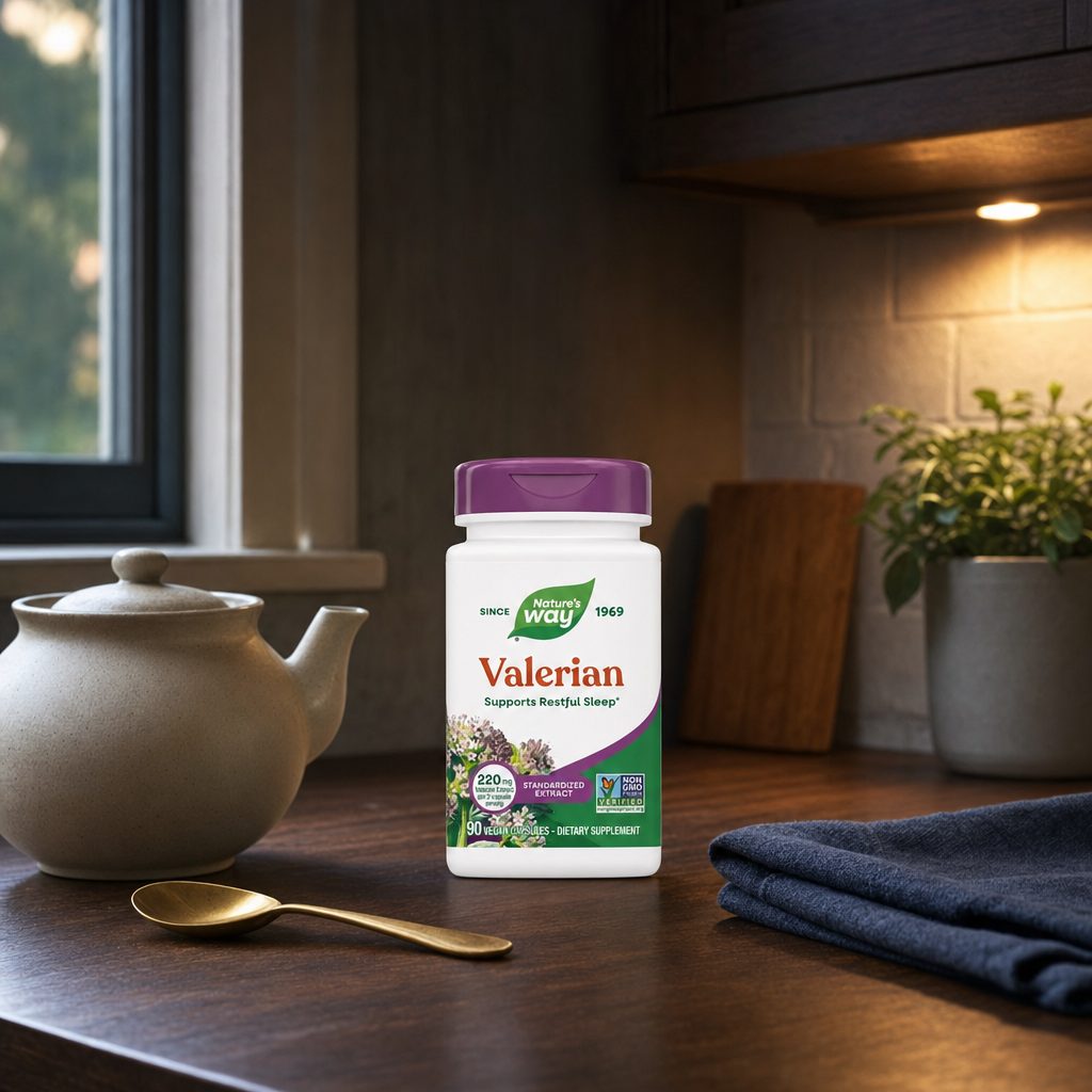 Nature's Way Valerian bottle with capsule and label details