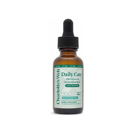 Charlotte's Web Daily Care 25mg THC-Free CBD Oil — Mint Chocolate front packshot showing brand label and size