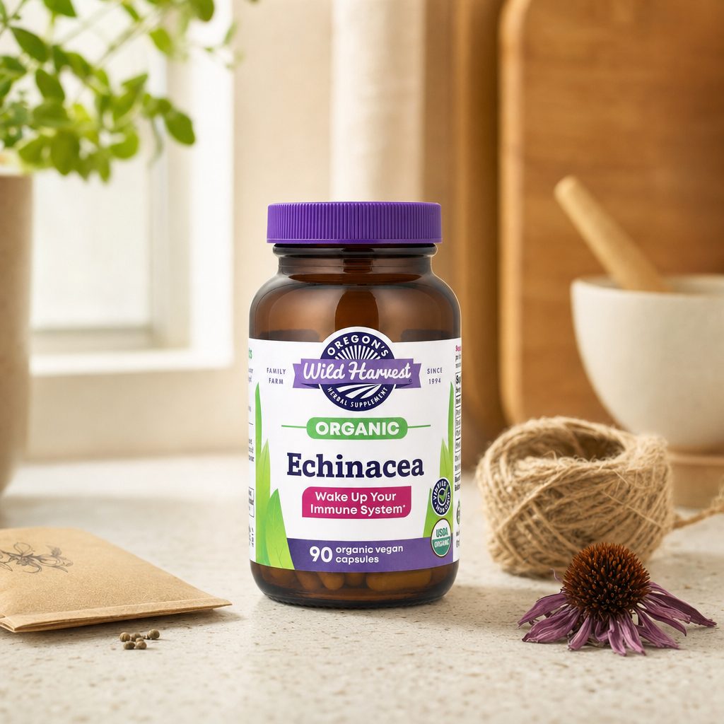 Oregon's Wild Harvest Echinacea 90 capsules bottle with capsules on a kitchen counter
