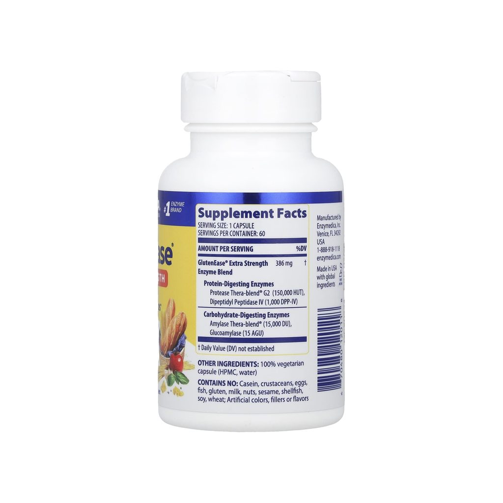 Enzymedica GlutenEase Extra Strength supplement facts panel listing enzymes and serving size