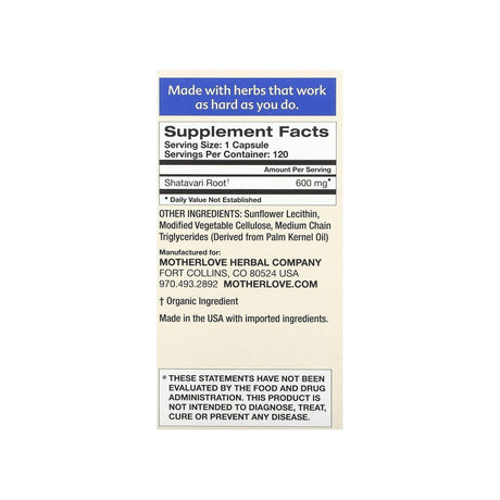 Motherlove Shatavari 120 Liquid Capsules supplement facts panel listing ingredients and serving size