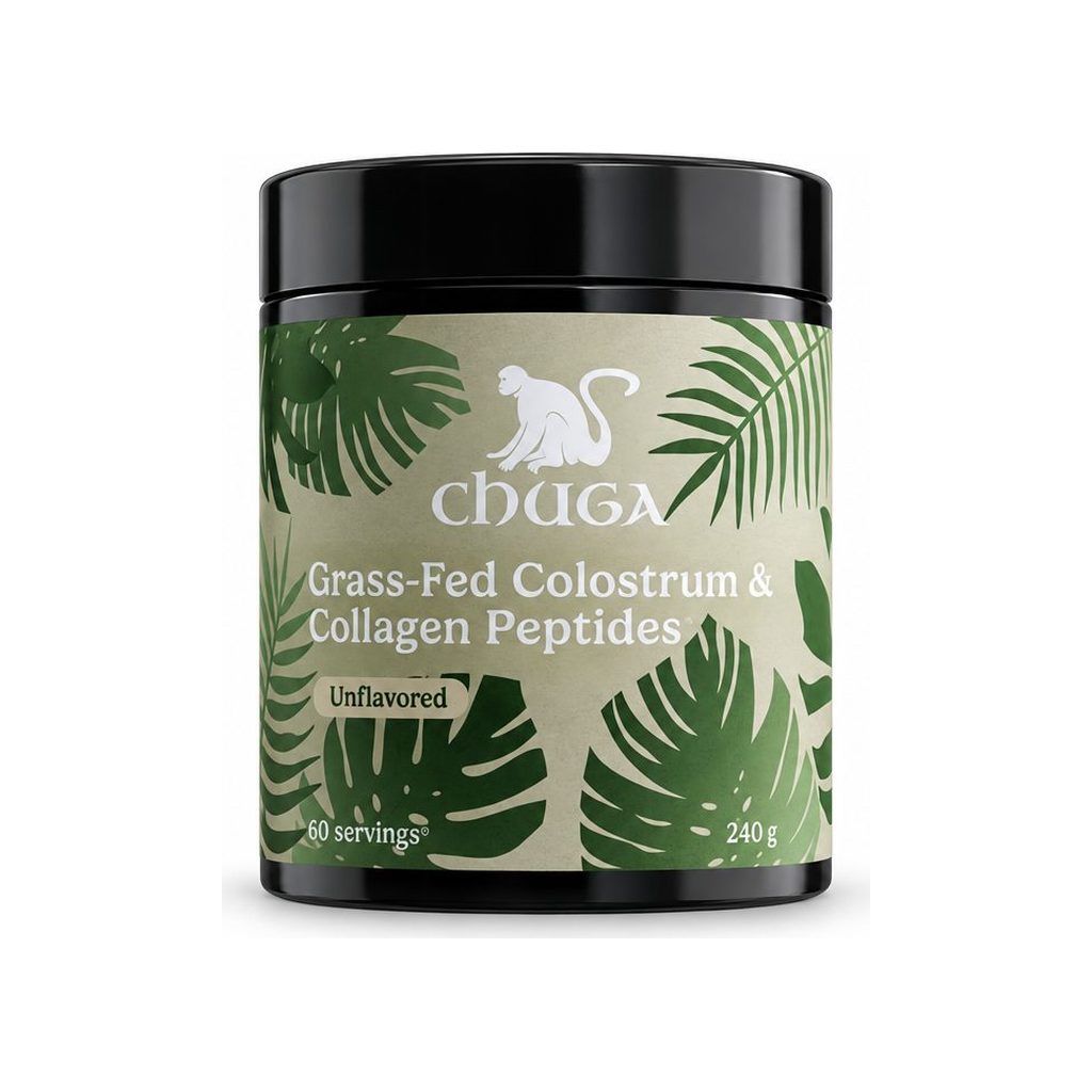 Chuga Grass-Fed Colostrum & Collagen Peptides Unflavored 240 g jar, front label