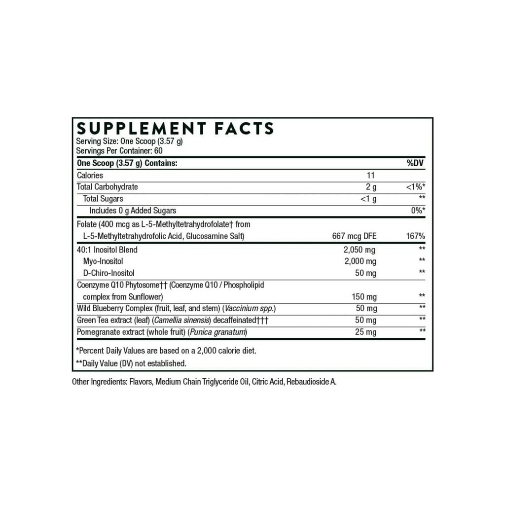 Thorne Research Ovarian Care Powder supplement facts panel listing ingredients and serving size