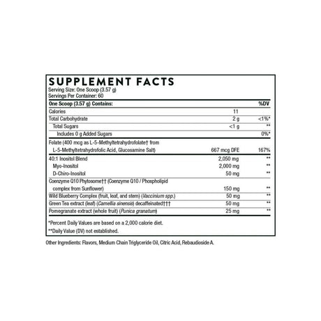 Thorne Research Ovarian Care Powder supplement facts panel listing ingredients and serving size