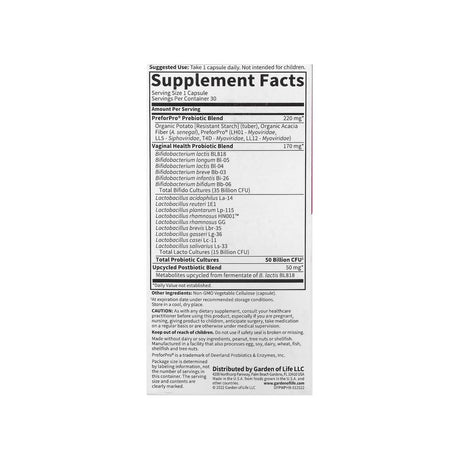 Garden of Life Women's pH 50 Billion Probiotic supplement facts panel with dosage and ingredients