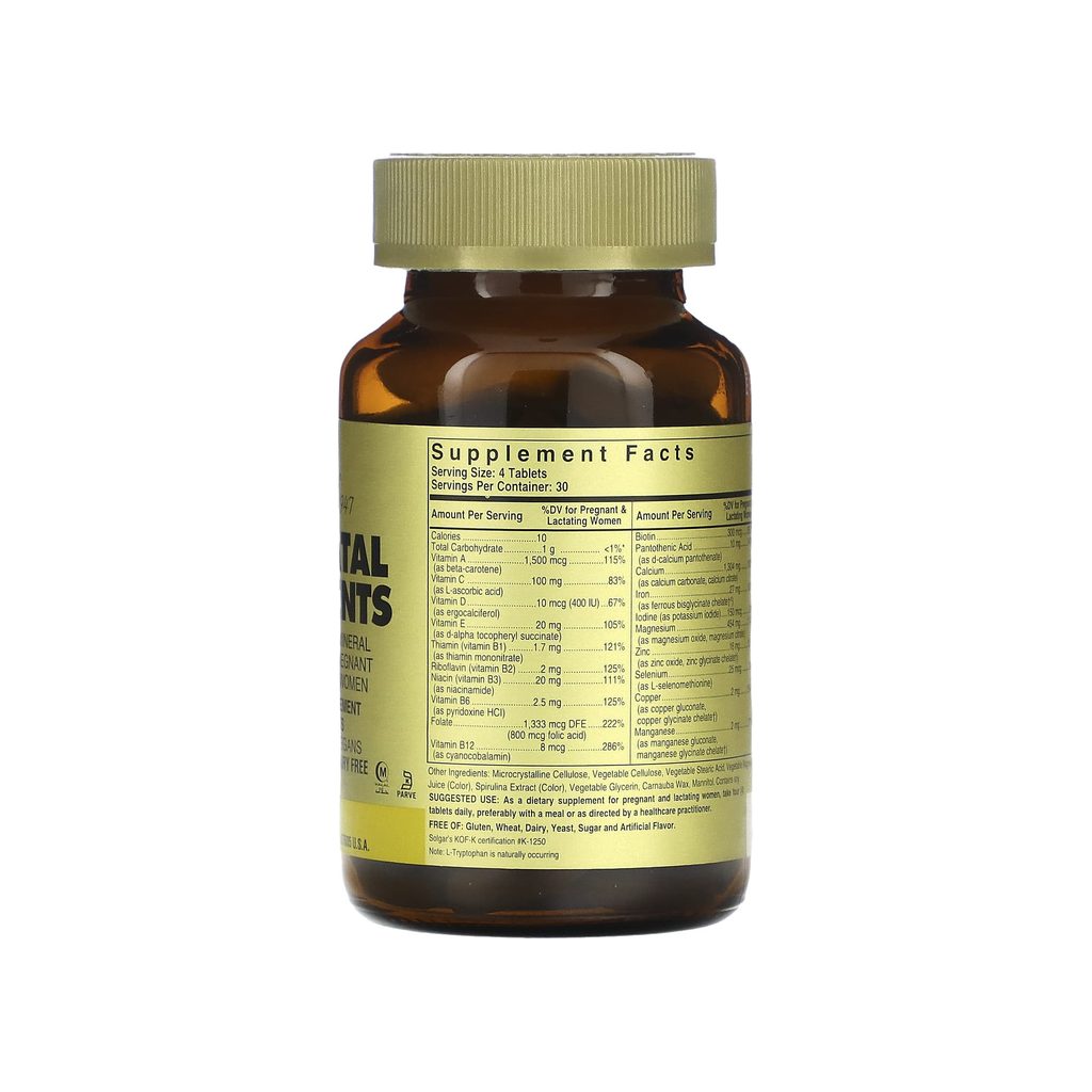 Solgar Prenatal Nutrients Tablets supplement facts panel listing ingredients, dosage, and serving size