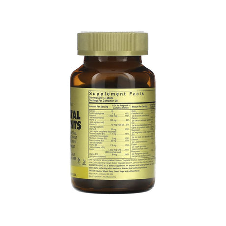 Solgar Prenatal Nutrients Tablets supplement facts panel listing ingredients, dosage, and serving size