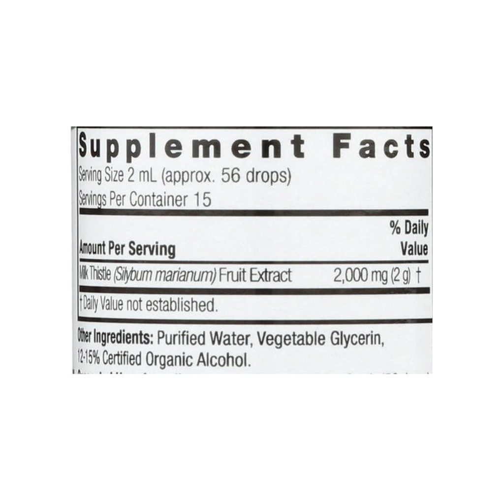 Nature's Answer Milk Thistle 1 oz supplement facts panel listing ingredients, dosage, and serving size