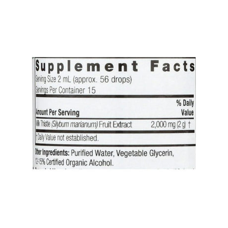 Nature's Answer Milk Thistle 1 oz supplement facts panel listing ingredients, dosage, and serving size