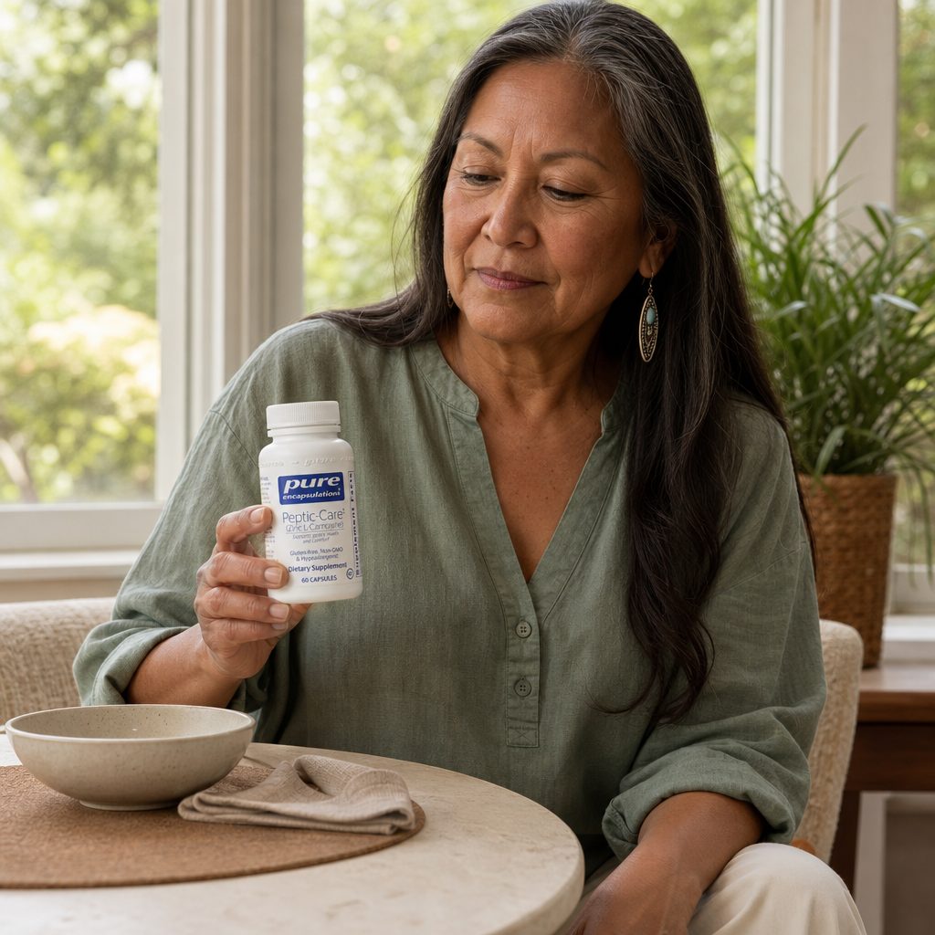 Pure Encapsulations Peptic-Care Zinc-L-Carnosine capsules shown beside the bottle