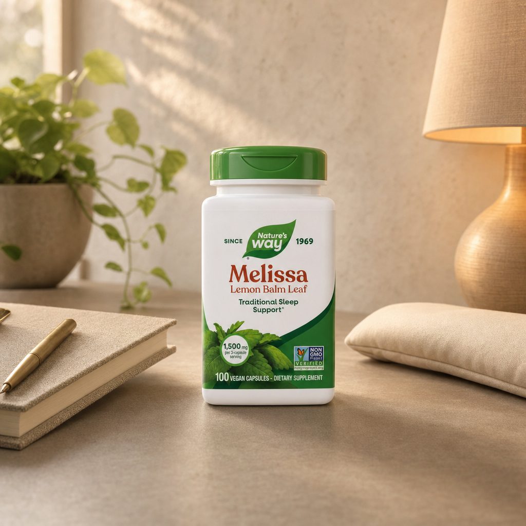 Nature's Way Melissa-Lemon Balm Leaf bottle with lemon balm leaves