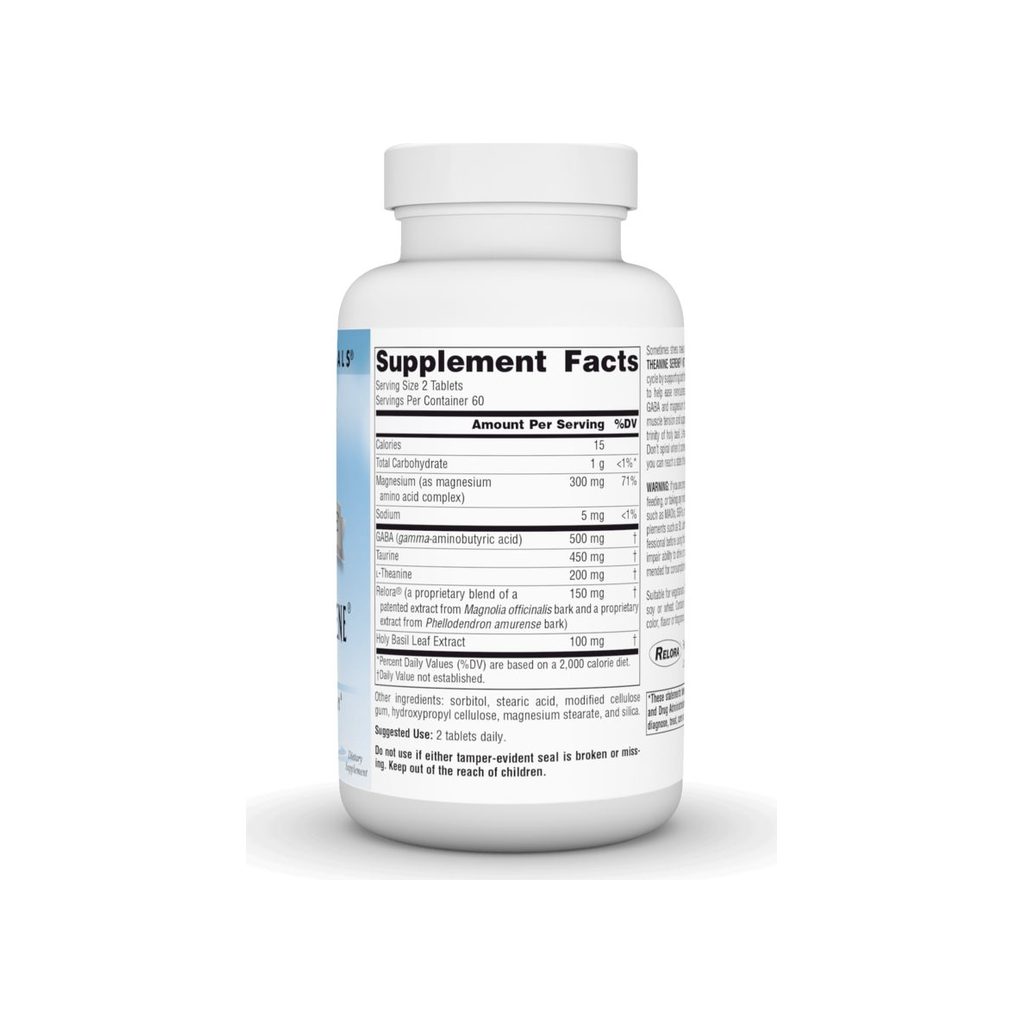 Source Naturals Theanine Serene with Relora supplement facts panel with ingredients and serving size