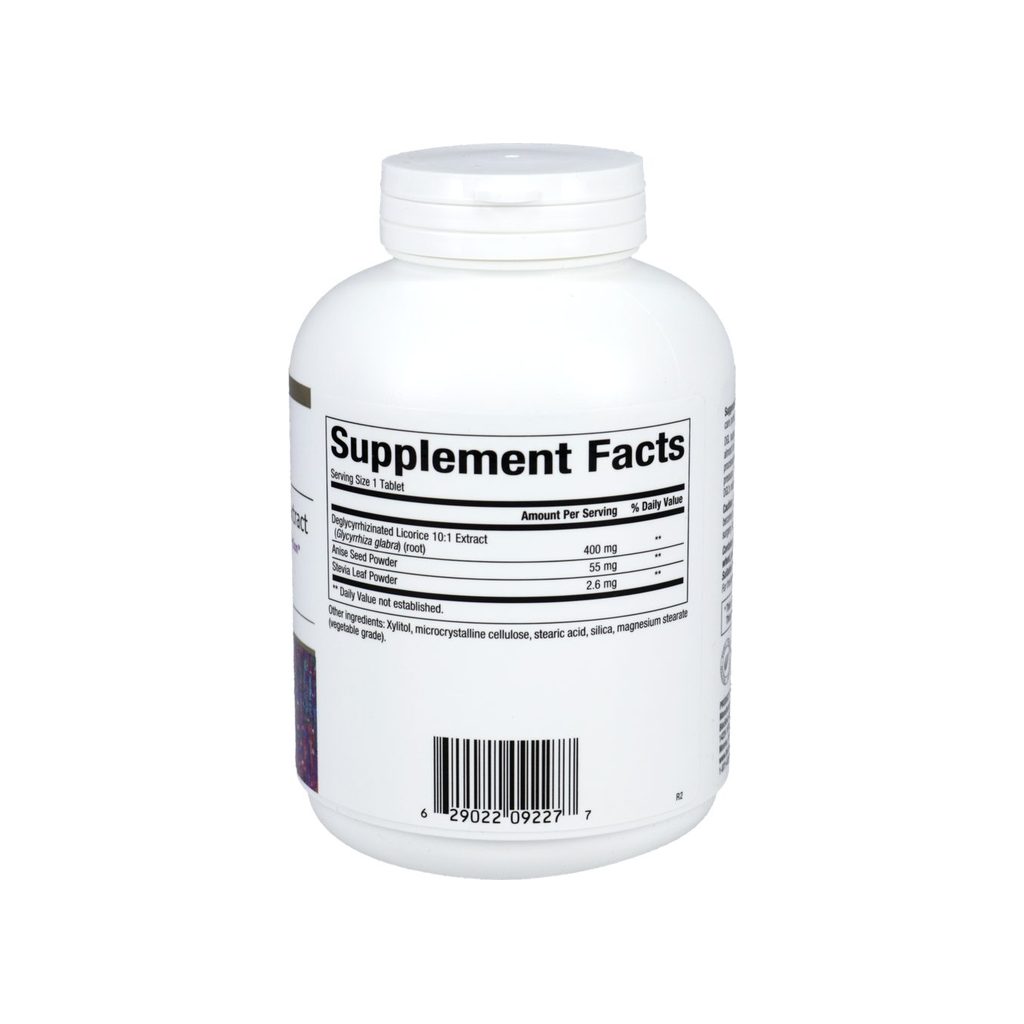 Bioclinic Naturals DGL Chewable Tablets supplement facts panel with ingredients and serving size