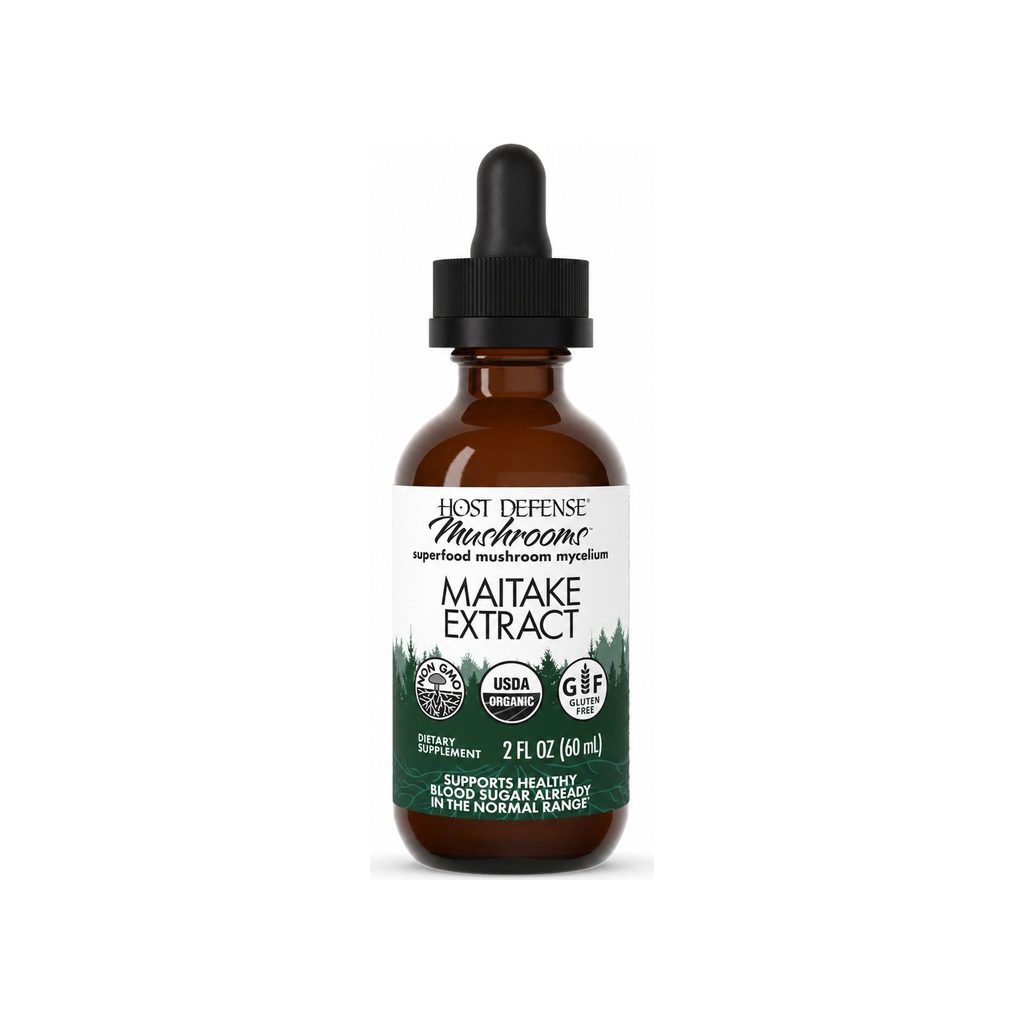 Host Defense Maitake Extract 2 fl oz front label with liquid mushroom supplement bottle