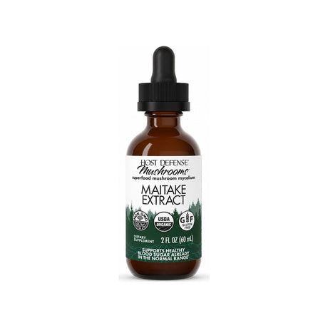 Host Defense Maitake Extract 2 fl oz front label with liquid mushroom supplement bottle