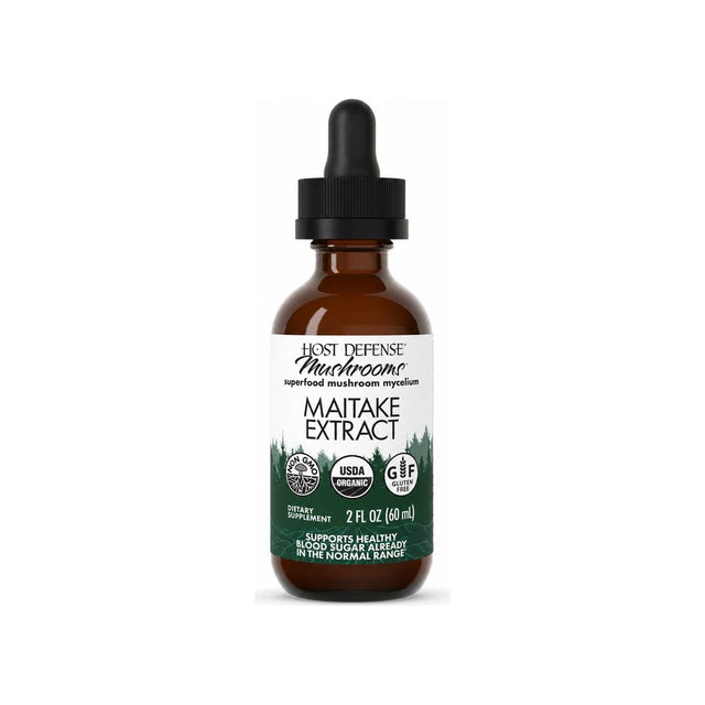 Host Defense Maitake Extract 2 fl oz front label with liquid mushroom supplement bottle