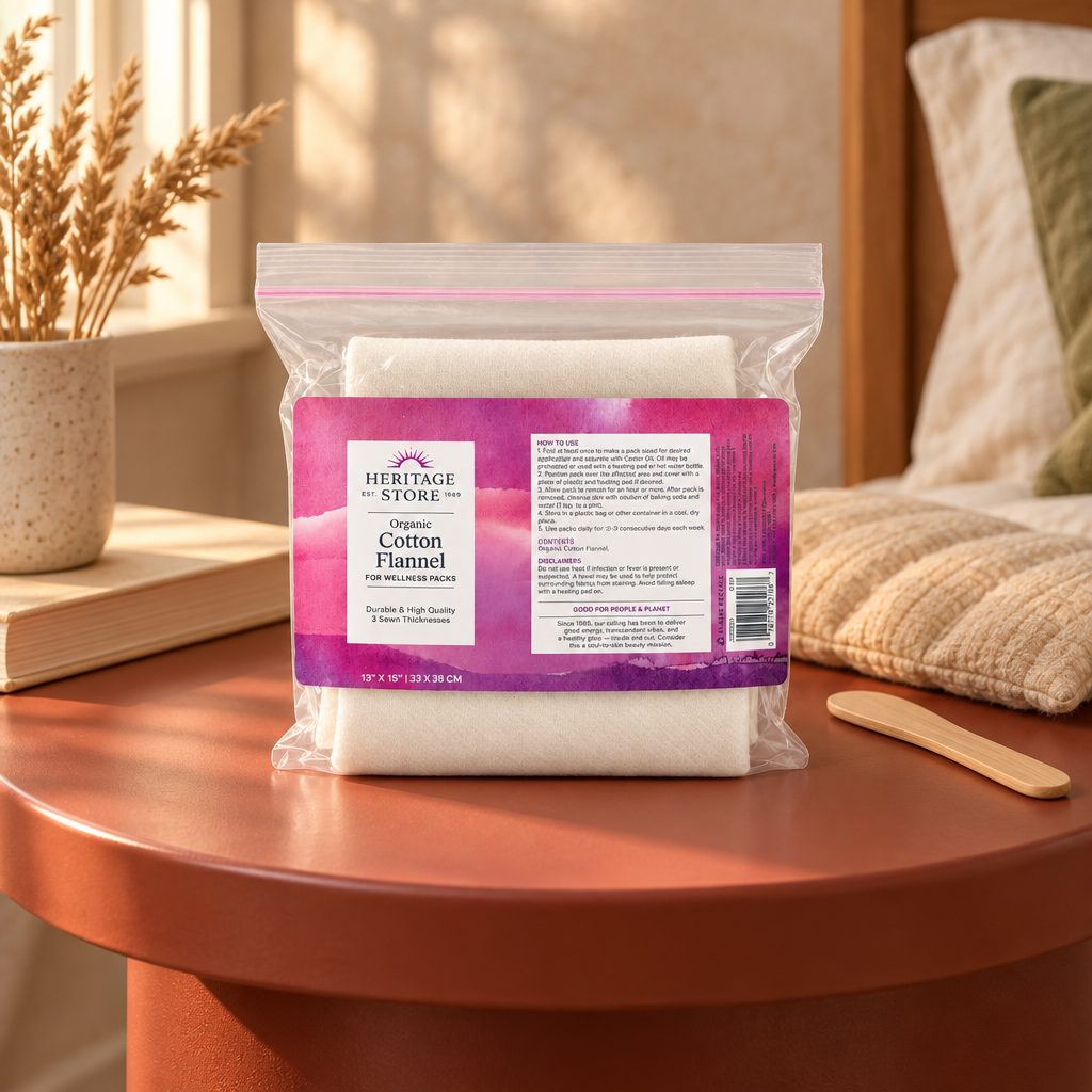 Heritage Store Organic Cotton Flannel package on a bedside table