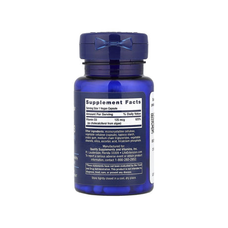 Life Extension Vegan Vitamin D3 supplement facts panel listing ingredients, dosage, and serving size