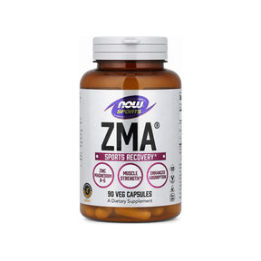 NOW Sports ZMA Veg Capsules bottle with black sports recovery supplement label