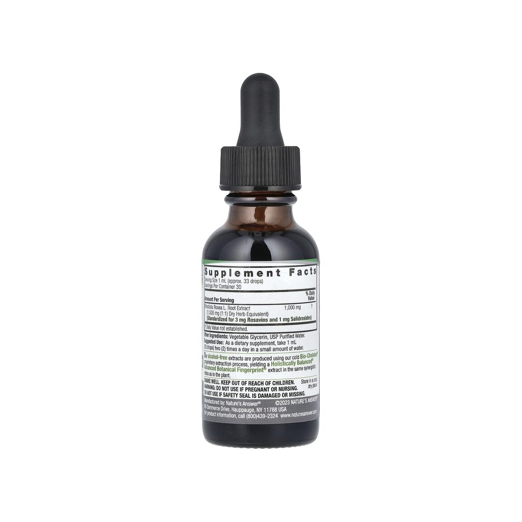 Nature's Answer Rhodiola Root Alcohol-Free supplement facts panel listing dosage and ingredients