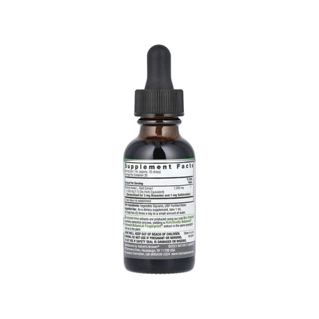 Nature's Answer Rhodiola Root Alcohol-Free supplement facts panel listing dosage and ingredients