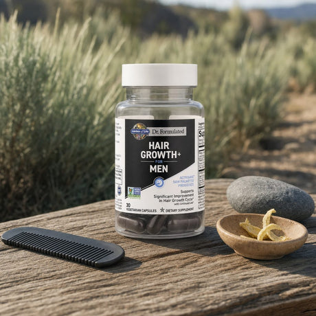 Garden of Life Dr. Formulated Hair Growth for Men capsules and bottle on a clean background