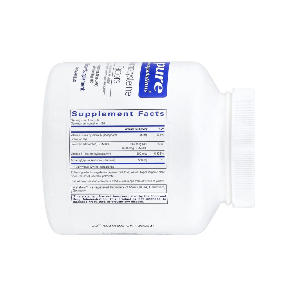 Pure Encapsulations Homocysteine Factors supplement facts panel with ingredients and serving size