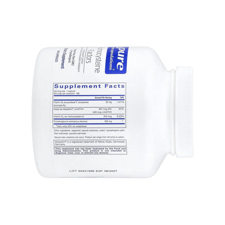 Pure Encapsulations Homocysteine Factors supplement facts panel with ingredients and serving size