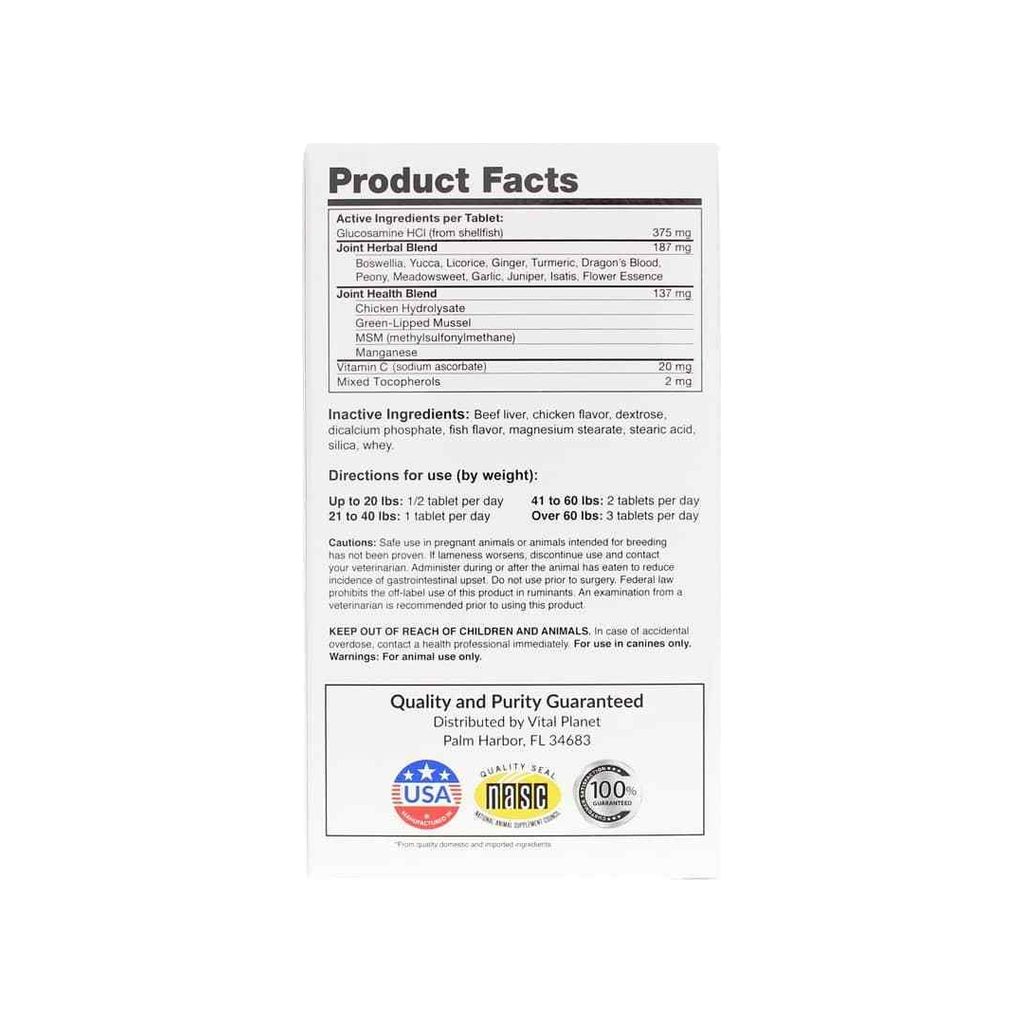 Vital Planet Hip & Joint Chewable Tablets supplement facts panel listing ingredients and directions