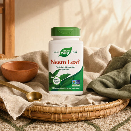 Nature's Way Neem Leaf bottle displayed with neem leaves and botanical styling