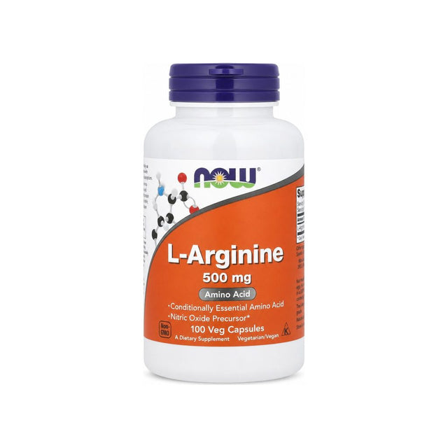 NOW Foods L-Arginine 500 mg 100 Veg Capsules front bottle label