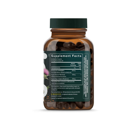 Gaia Herbs Berberine & Milk Thistle supplement facts panel listing ingredients, dosage, and serving size